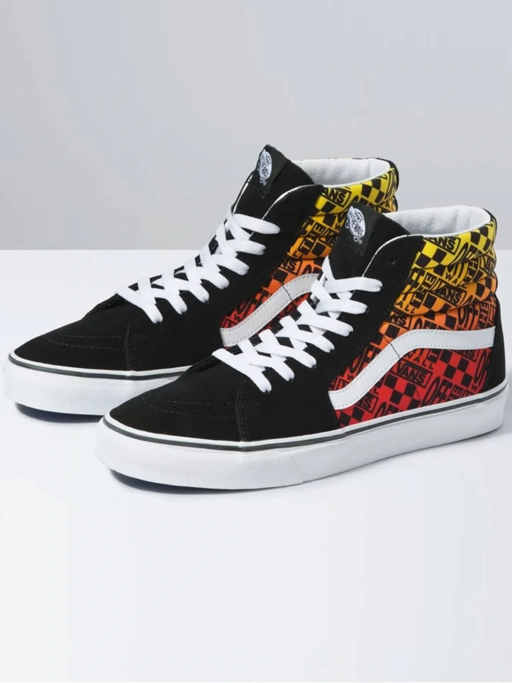 Vans Sk8-Hi High-Top Sneaker, Black with Multi-color Flame logo - Men’s 6.5